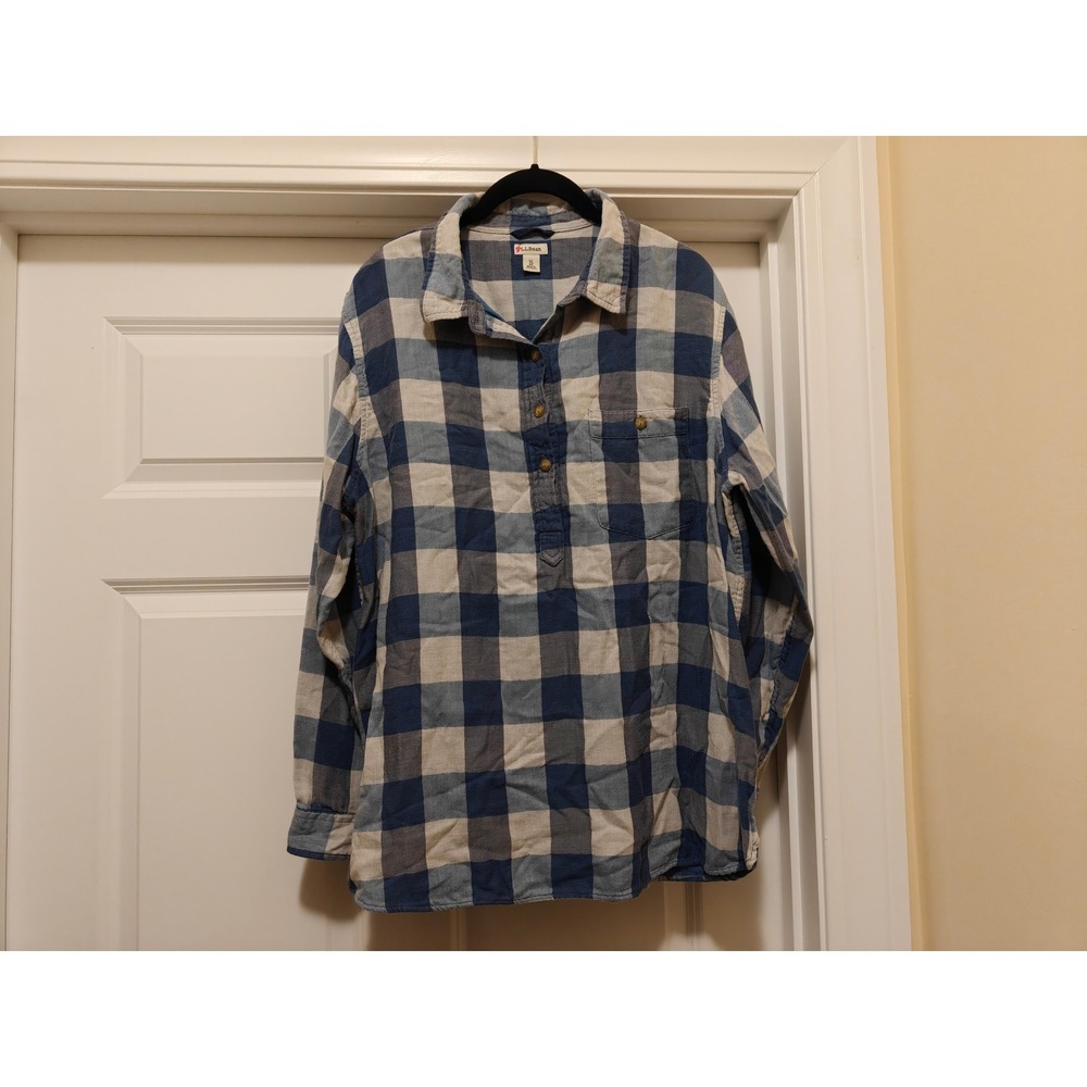 LL Bean Womens XL Blue Buffalo Check Tencel Cotton Pullover Henley Shirt‎ 517561